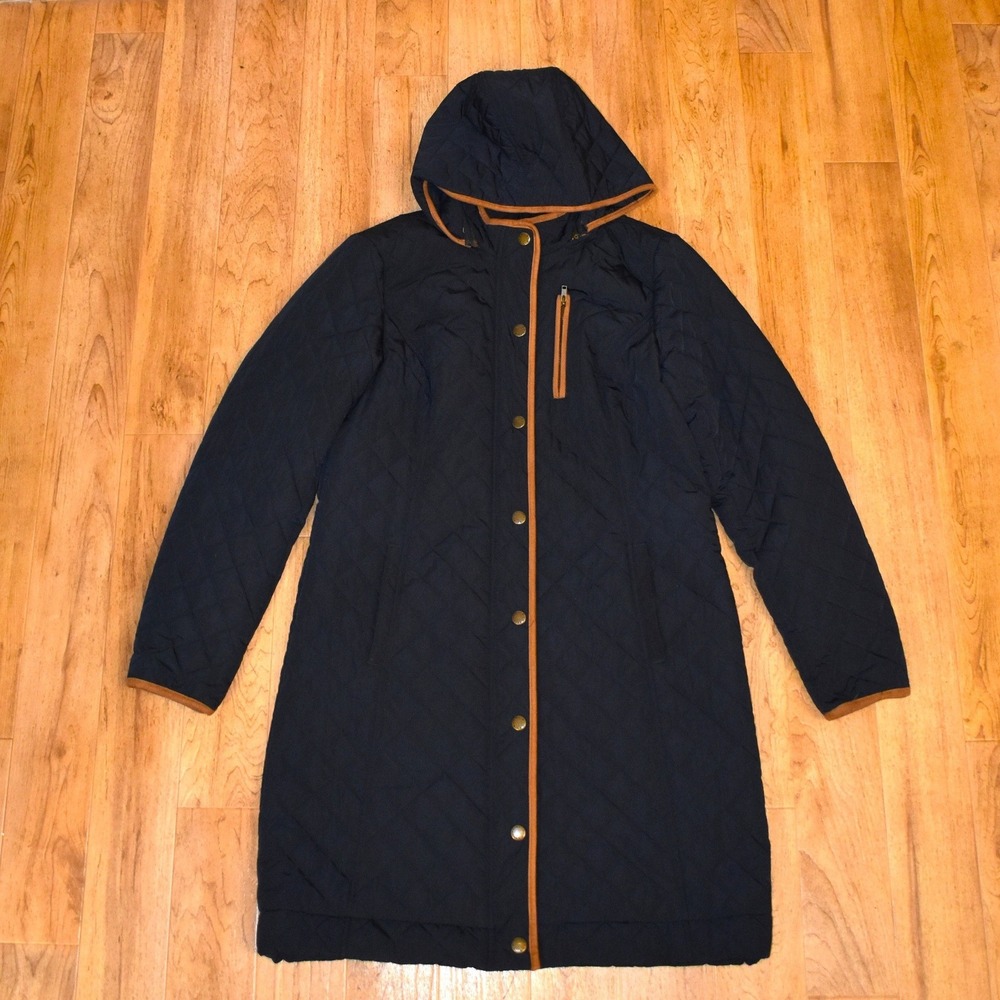 Orvis Quilted Longline Parka Women Medium Navy Blue 3M Thinsulate Hooded Coat